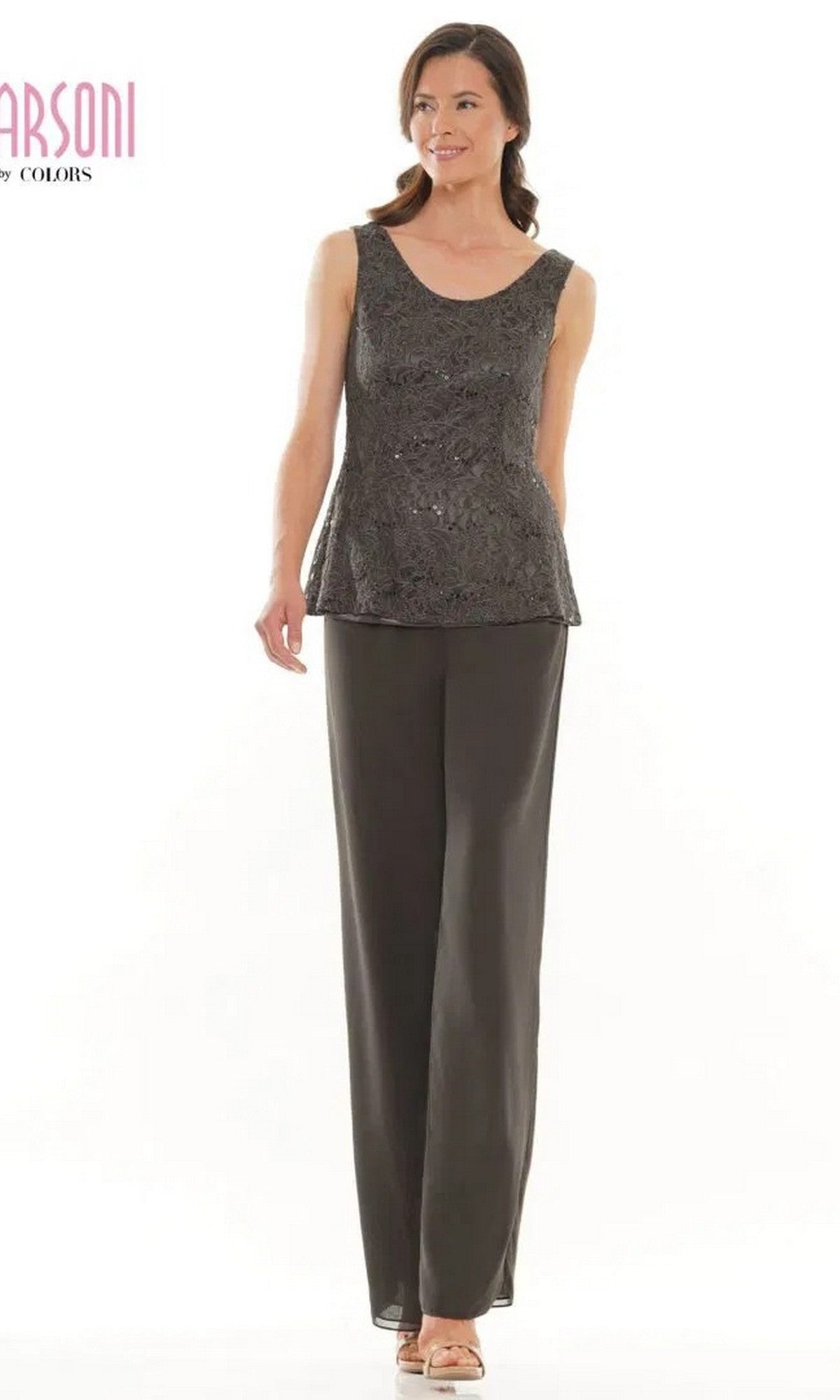A woman models the Marsoni M305 Long Formal Pantsuit—featuring a sleeveless dark lace jacket and wide-leg chiffon pants—against a plain white background.